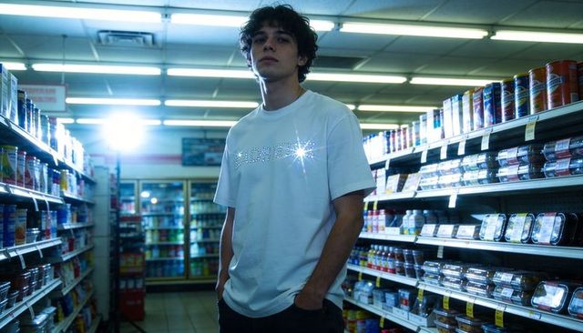 Backlit urban shopper posing in sequin-embellished white t-shirt in grocery aisle