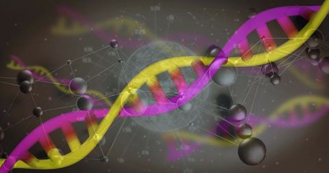 Neon DNA double helix twisting across molecular network with glowing metallic nodes