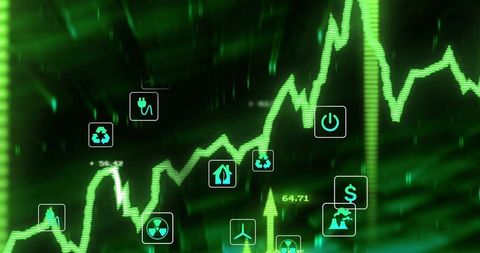 Neon Green Energy Market Analytics Graph with Rising Stock Trend and Sustainability Icons
