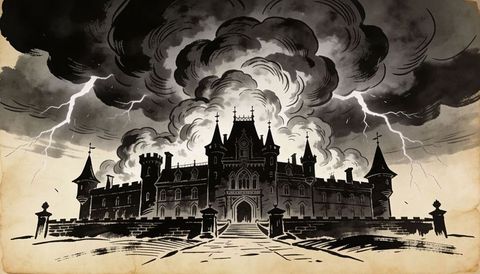 Gothic castle looming over stone plaza on aged parchment with lightning and ink storm