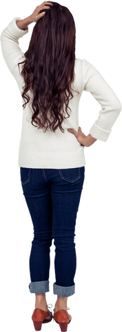 Rear View of Brunette Woman in Casual Outfit on Transparent Background