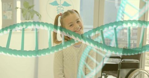 Smiling girl in pediatric clinic featuring DNA helix overlay, wheelchair and caduceus poster