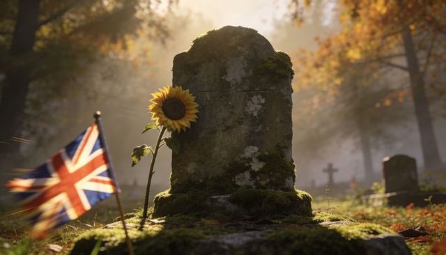 Sunflower mourning at moss-covered headstone with union jack flag in misty autumn cemetery