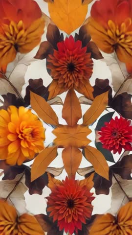 Rotating Kaleidoscope Floral Pattern Looping Vertical Video with Red and Orange Dahlias