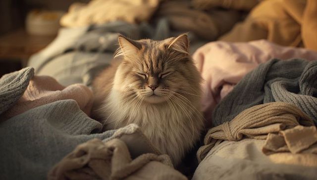 Fluffy Long-Haired Cat Nestling on Cozy Neutral Bedding with Knit Throws and Warm Light