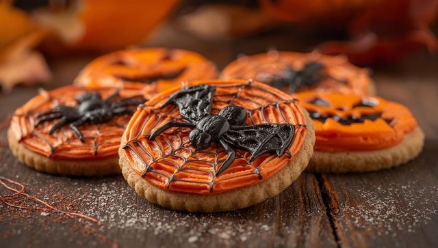 Halloween sugar cookies with spider and pumpkin icing decorations