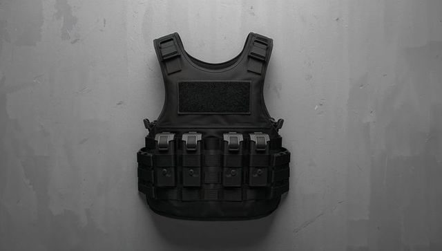 Black tactical vest hanging on wall with attachments