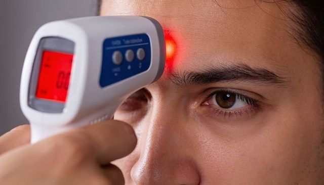 Scanning forehead with infrared non-contact thermometer for fever screening