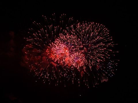 Bright Explosive Red Fireworks Display in Night Sky
