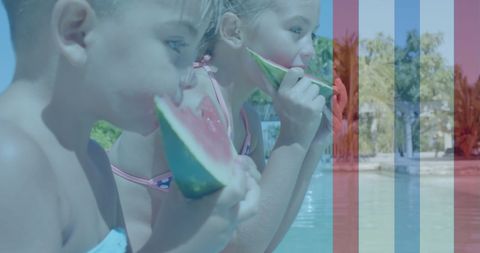 Siblings Eating Watermelon at Poolside in Summer