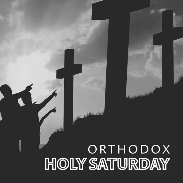 Depicts Orthodox Holy Saturday with silhouettes of people pointing at crosses on a hillside. Suitable for articles, blogs, or social media posts about Orthodox Easter celebrations, religious observances, Christianity, or spirituality. Great for educational content on religious holidays or promotional materials for church events and services.