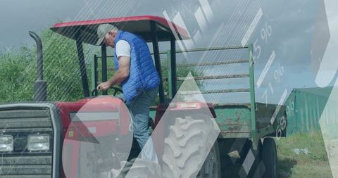 Farmer Mounting Tractor with Overlayed Growth Graphs