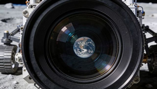 Telephoto rover lens capturing earth reflection on lunar regolith, close-up exploration shot