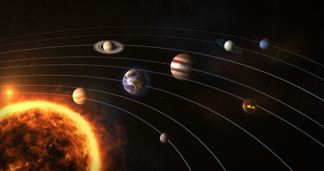 Depicts solar system with planets shown on orbital paths around sun. Suitable for educational content on astronomy, illustrations of space, materials for science classes, articles explaining the arrangement of the solar system, or as a visual aid in presentations about outer space.