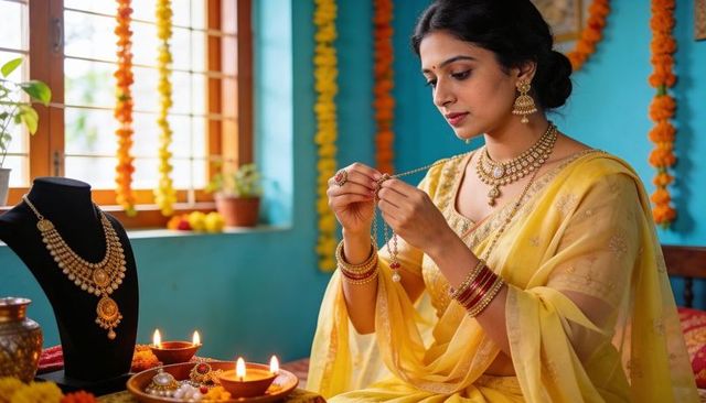 Indian woman examining ornate gold necklace while preparing for festival in yellow saree