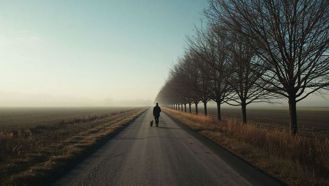 Solitary walker and small dog walking down misty tree-lined country road at dusk
