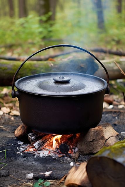 A black cauldron cooks over an open fire outdoors. Surrounded by woods, the scene captures the essence of traditional outdoor cooking.