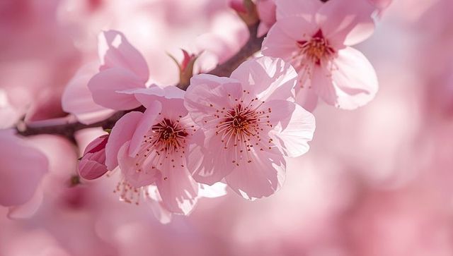 Blooming pale pink cherry blossoms close-up showing petals, stamens and soft bokeh, sunlit