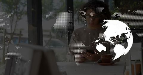 Businessman Scrolling Phone with Digital World Map Overlay