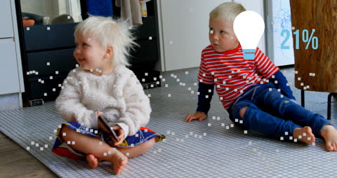 Siblings Relaxing at Home with Digital Interface Animation