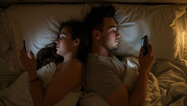 Couple Lying Back-to-Back in Bed Using Smartphones at Night