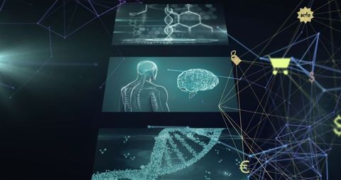 Futuristic Digital Interface with DNA and Brain Visuals