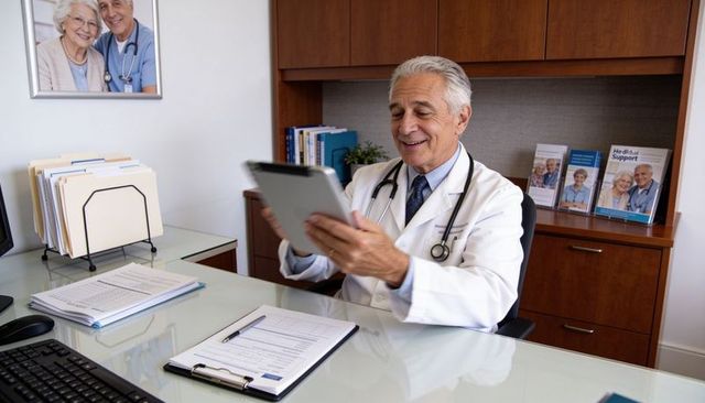Smiling senior physician using tablet at medical office desk with stethoscope