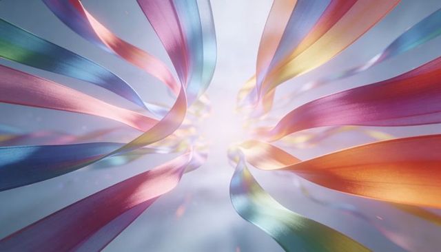 Flowing Iridescent Satin Ribbons Converging Toward Radiant Central Light, Pastel Metallic