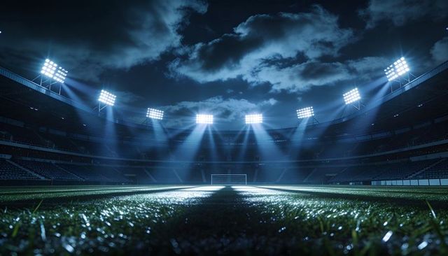 Floodlights casting dramatic beams across wet football pitch at night