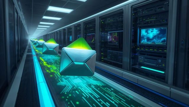 Glowing data modules hovering through server corridor with neon circuit pathway, ai glow