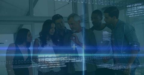 Team Collaborating Around Handheld Device with Holographic Data Overlay in Office