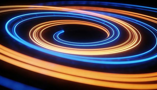 Spiraling neon light trails forming glowing vortex with blue and orange contrast