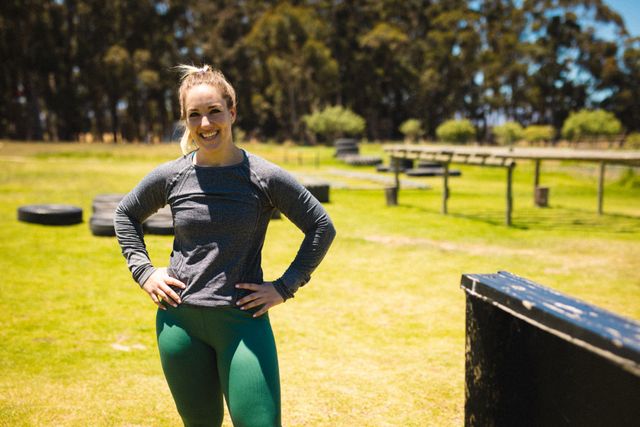 Portrait of smiling caucasian mid adult woman standing with hands on hip during bootcamp training. unaltered, fitness, sports clothing, athleticism, cross training and sports training.