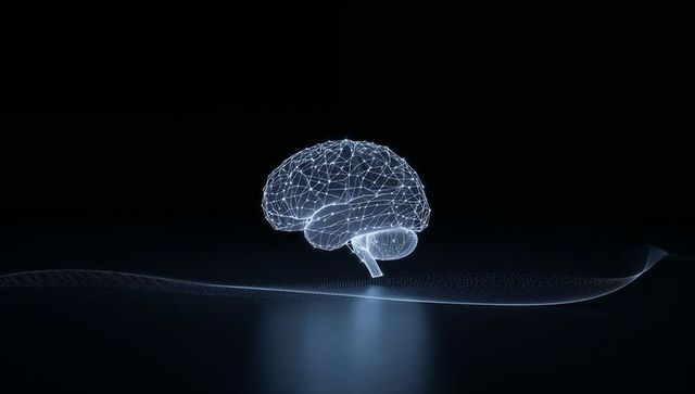 Floating wireframe brain emitting cyan glow above glossy surface with neural ribbon wave