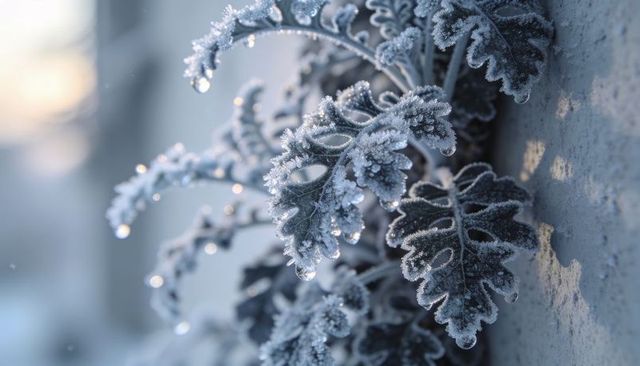 Frost-covered ornamental leaves with glinting droplets on concrete facade at dawn