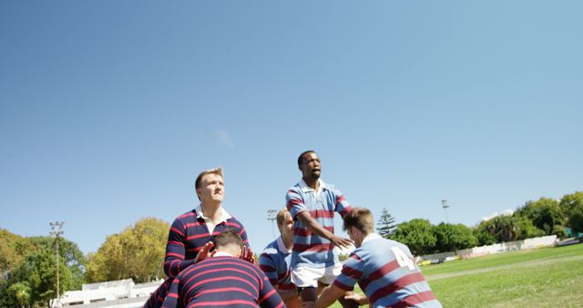 College Rugby Team Practicing in Open Field on Sunny Day - Download Free Stock Images Pikwizard.com