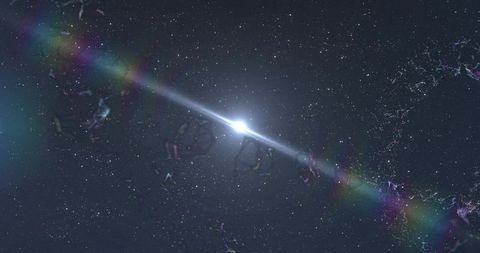Radiating white star sending horizontal flare across prismatic deep space and nebula