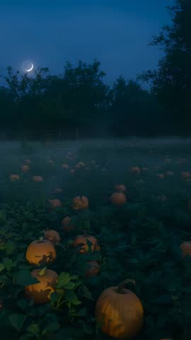 Vertical video gliding over misty pumpkin patch at twilight with crescent moon