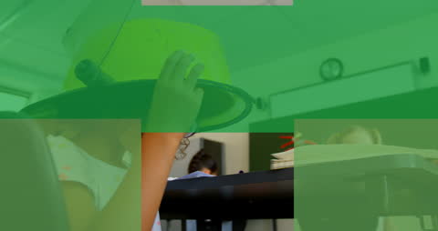 Child in Classroom with Futuristic Abstract Overlay