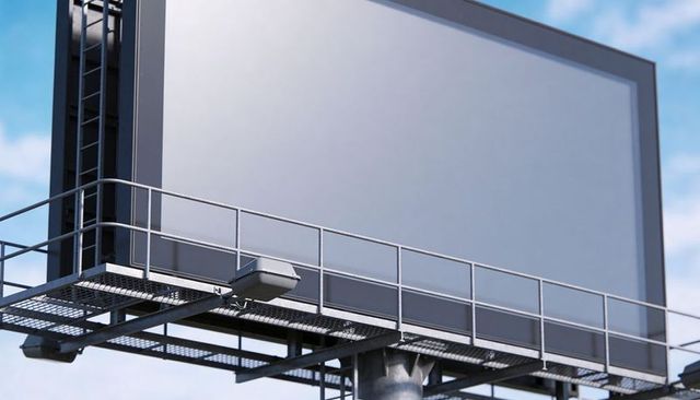 Blank billboard panel with steel catwalk, ladder and rails against blue sky