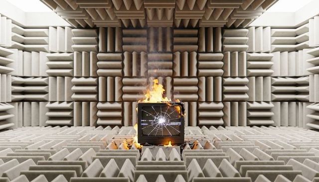 Burning crt television in anechoic chamber with shattered screen, smoke and charred foam