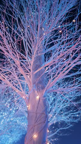 Tilting Camera Up Through Enchanted LED-Wrapped Trees in Night Grove