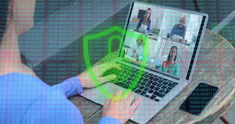 Cybersecurity focused remote work meeting on laptop