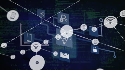 Digital Network Illustration with Technology Icons and Data Overlay