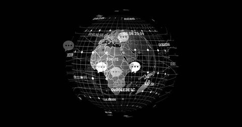 Rotating wireframe globe showing global chat nodes, cyber grid, data streams and timestamps