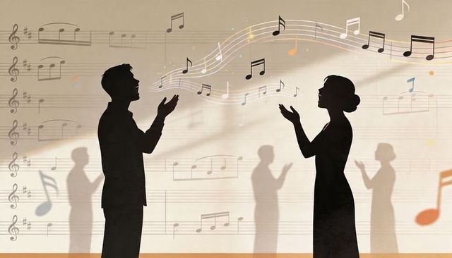 Silhouetted vocal duet performing on musical staff stage with floating notes