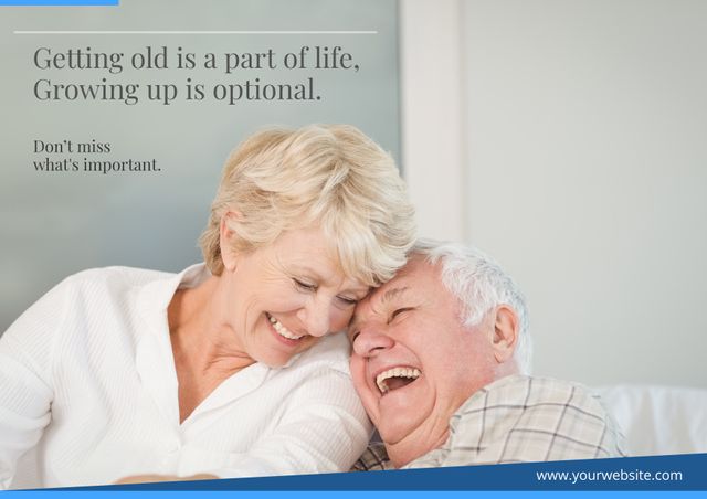 Promoting positive aging, a joyful elderly couple laughing together embodies contentment and companionship. This template could also suit campaigns for senior health or retirement planning services.