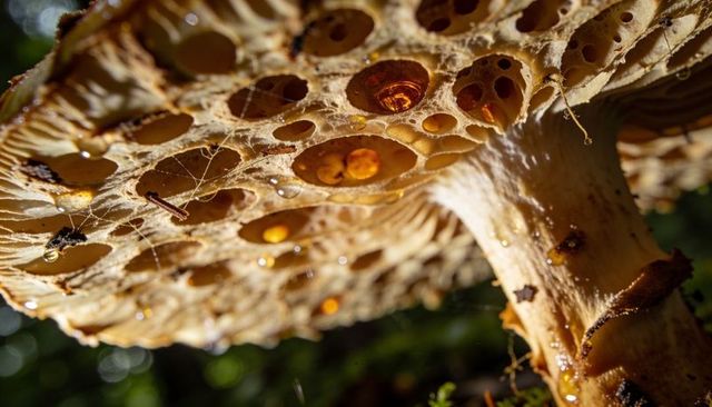 Macro underside of wild mushroom with amber resin droplets, honeycomb pores and spider silk