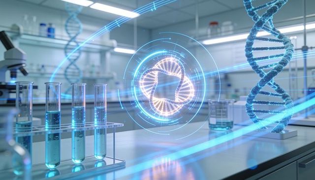 Futuristic lab visualizing glowing 3d dna hologram above test tubes and glassware