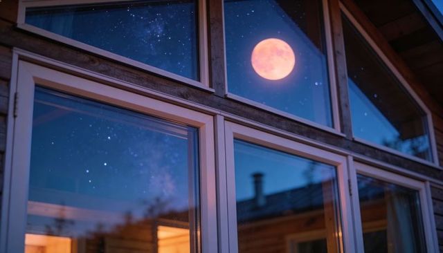 Full moon reflecting on cabin windows with starry milky way and warm interior glow